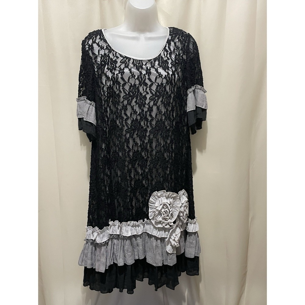 LADY NOIZ Lace Chiffon Midi Dress  Large Lined Ruffles Black Gray